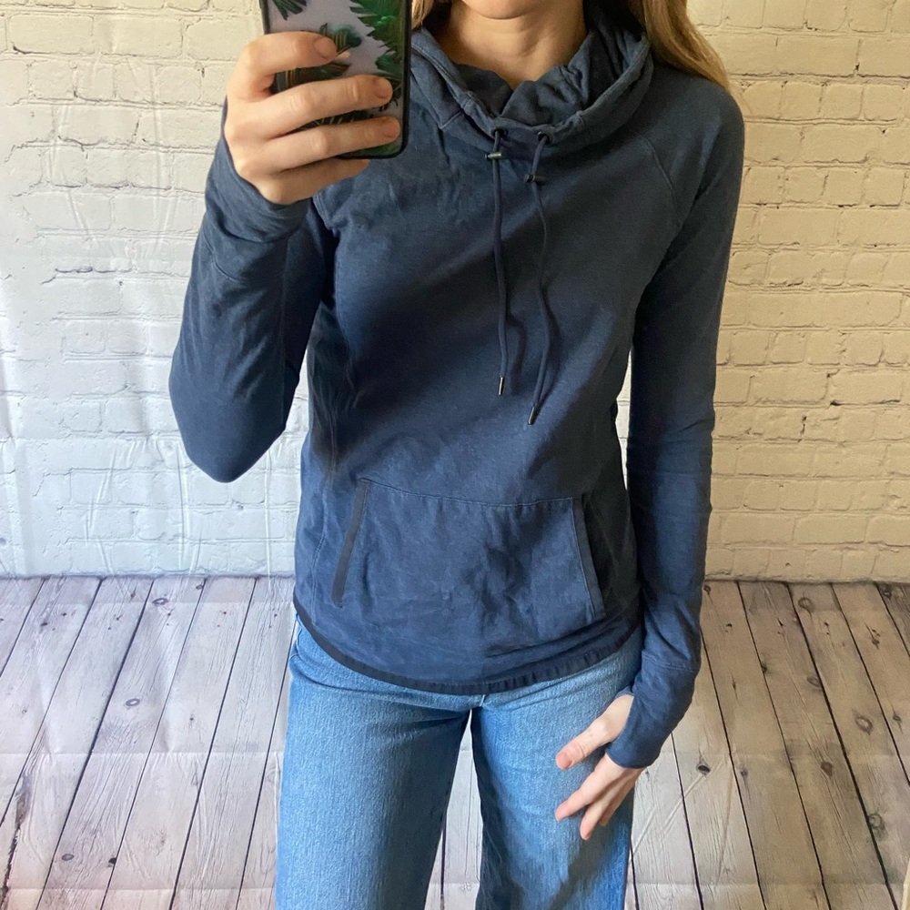 Athleta blue mock neck hoodie with finger holes size small